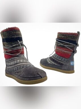 Toms Women's Gray Suede and Red Knit Moccasin Boots